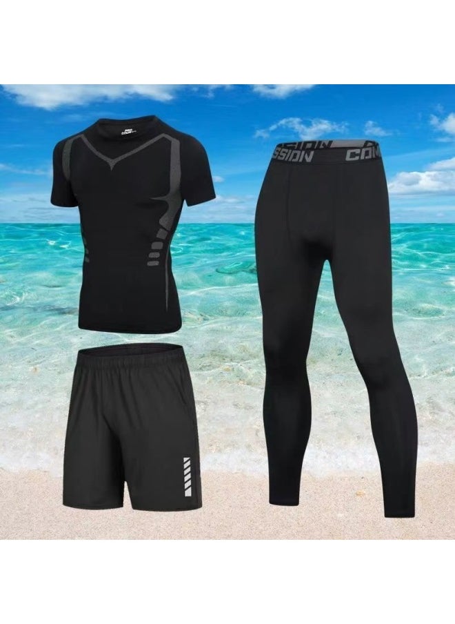 Generic - Body Swimsuit Men's Swimming Trunks Long Summer Quick-drying Sunscreen Long Sleeve Trousers Split Hot Spring Beach Surfing Snorkeling Factory-Color:❥☆#∝〃★Cx Printed Short Sleeves + Reflective Shorts + Black Tight Trousers☆❥-Size:❥☆S 【 40-50kg 】☆❥ - Image 1