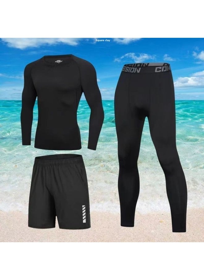 Generic - Body Swimsuit Men's Swimming Trunks Long Summer Quick-drying Sunscreen Long Sleeve Trousers Split Hot Spring Beach Surfing Snorkeling Factory-Color:❥☆#∝〃★Cx Printed Short Sleeves + Reflective Shorts + Black Tight Trousers☆❥-Size:❥☆S 【 40-50kg 】☆❥ - Image 1