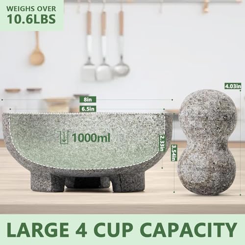 Luvan Large Mortar and Pestle Set,4 Cups Unpolished Granite Natural Stone Grinder Bowl for Molcajete Guacamole Bowl Crushing/Mexicano Guacamole,Spices Grinder,Herb Crusher,Salsa Pesto-8IN/Gray - Image 3