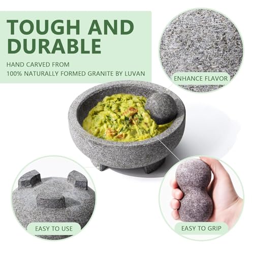 Luvan Large Mortar and Pestle Set,4 Cups Unpolished Granite Natural Stone Grinder Bowl for Molcajete Guacamole Bowl Crushing/Mexicano Guacamole,Spices Grinder,Herb Crusher,Salsa Pesto-8IN/Gray - Image 4
