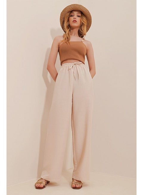 Straight Cut Elastic Waist Woven Trousers TWOAW24PL00305