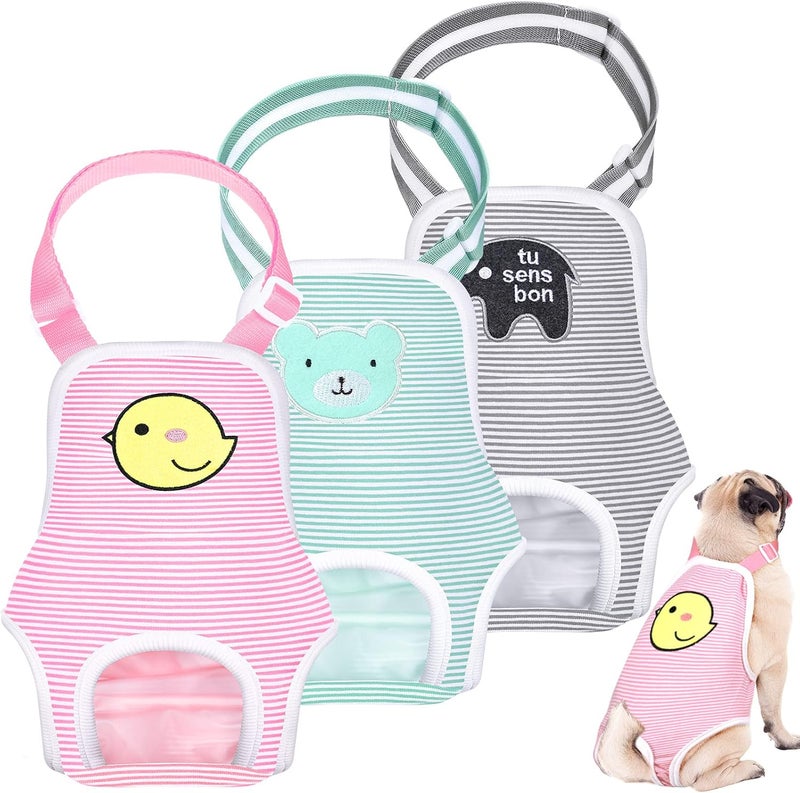 Nuanchu 3 Pieces Dog Diaper Striped Sanitary Pantie with Adjustable Suspender Washable Reusable Puppy Sanitary Panties Cute Pet Underwear Diaper Jumpsuits for Female Dogs (Animal Pattern,S) - Image 1