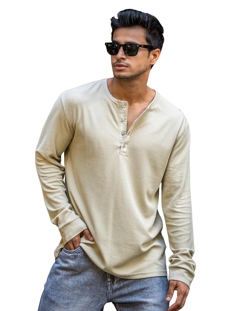 Maniac ||Mens ||Solid|| Waffle Texture|| Henley Neck ||Full Sleeve||Cotton ||T-Shirt - Image 1