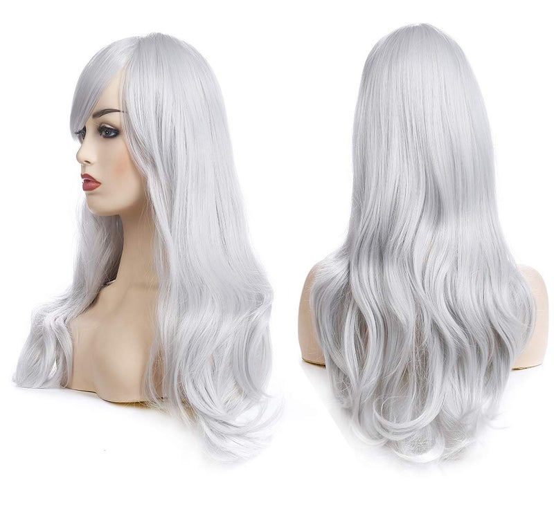 morvally 23 inches Long Curly Wig Big Wave Heat Resistant Synthetic Hair with Bangs for Cosplay Costume Halloween Party (Silver Grey) - Image 2