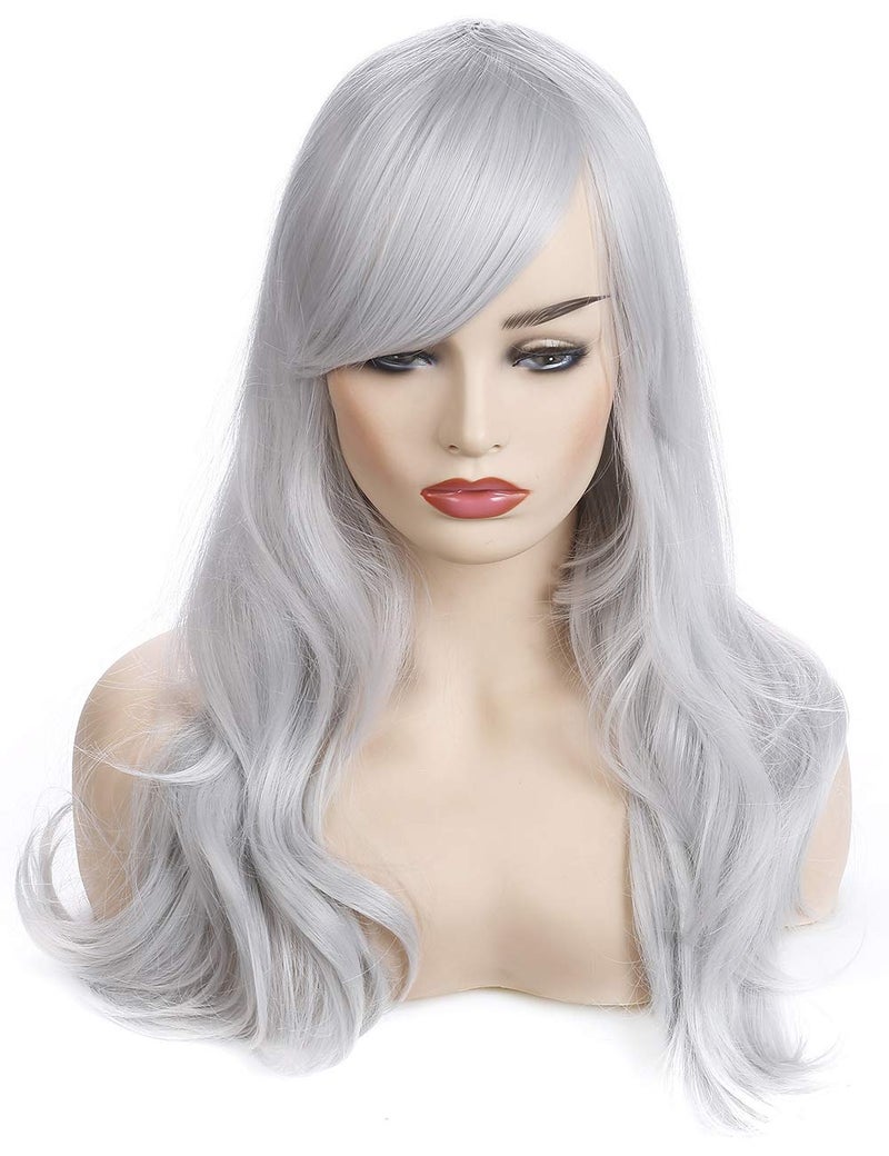 morvally 23 inches Long Curly Wig Big Wave Heat Resistant Synthetic Hair with Bangs for Cosplay Costume Halloween Party (Silver Grey) - Image 3