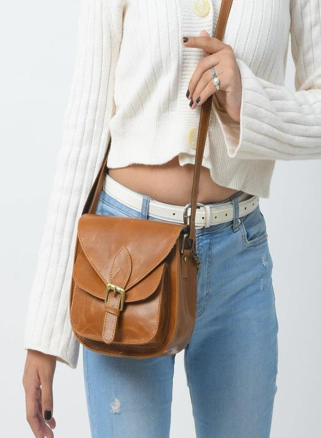 MaheTri Molina Leather Satchel | Women’s Sling Satchel - Full-Grain Buffalo Leather Crossbody Bag | Handcrafted Vintage Purse in Tan Brown/Green (Tan Brown) - Image 3