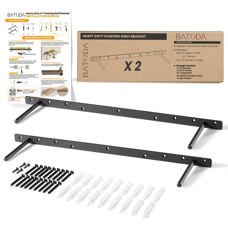 BATODA 24 Heavy Duty Floating Shelf Bracket 2 pcs Solid Steel Blind Shelf Supports Hidden Brackets for Floating Wood Shelves Blind Shelf Support Shelving Mounting Hardware IncludedPack 2