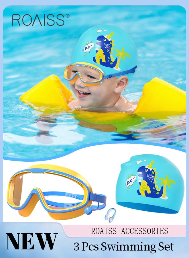 roaiss 3 Pcs Kids Swim Goggle Set, HD Waterproof Anti-fog Large Frame Goggle with Integrated Earplugs, Silicone Swim Cap and Nose Clip, Pool Beach Swimming Gear for Boys Girls Age 3-16 Youth  - Image 1