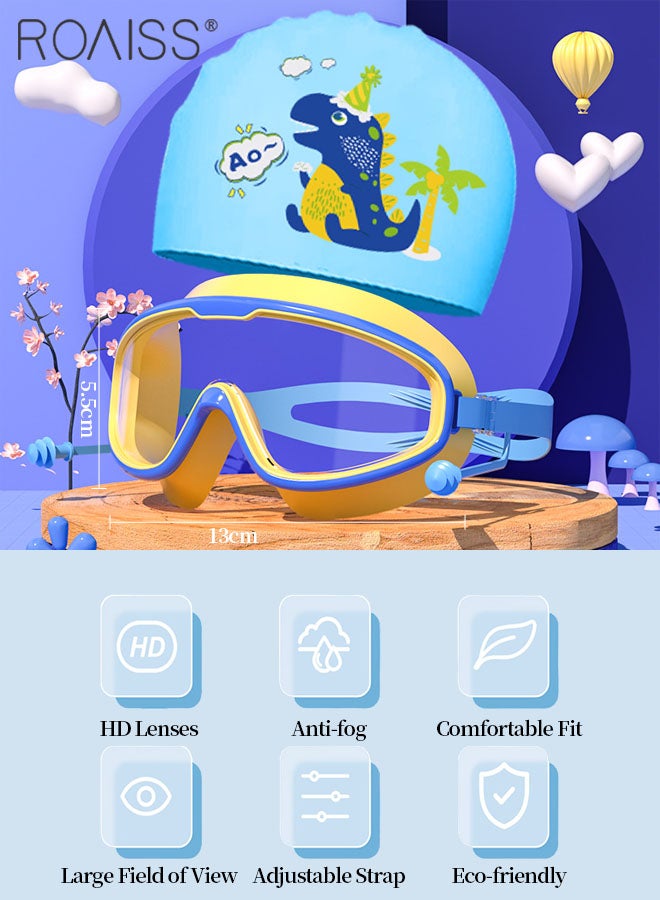 roaiss 3 Pcs Kids Swim Goggle Set, HD Waterproof Anti-fog Large Frame Goggle with Integrated Earplugs, Silicone Swim Cap and Nose Clip, Pool Beach Swimming Gear for Boys Girls Age 3-16 Youth  - Image 2