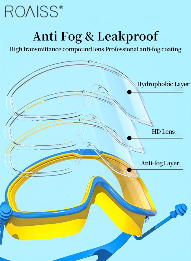 roaiss 3 Pcs Kids Swim Goggle Set, HD Waterproof Anti-fog Large Frame Goggle with Integrated Earplugs, Silicone Swim Cap and Nose Clip, Pool Beach Swimming Gear for Boys Girls Age 3-16 Youth  - Image 3