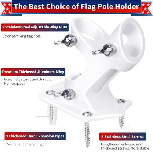HPGOED Flag Pole Holder, Outside House Flag Pole Bracket, Heavy Duty Metal Flag Mount, Aluminum Alloy Mounting Brackets, Outdoor Flag Holder- Strong Rust Free, Dual Position 1 inch White - Image 2