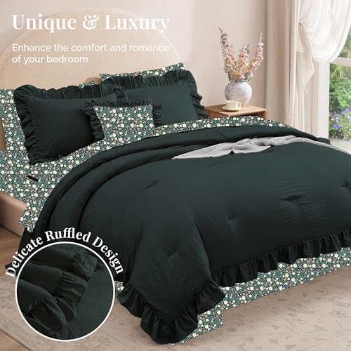 BLOOMHAVEN King Comforter Set - 7 Pieces Ruffle Forest Green Bedding Sets, Shabby Chic Farmhouse Bed in a Bag with Ruffle Comforter, Floral Sheets, Pillowcases & Shams - Image 2