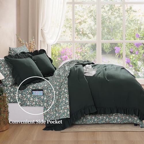 BLOOMHAVEN King Comforter Set - 7 Pieces Ruffle Forest Green Bedding Sets, Shabby Chic Farmhouse Bed in a Bag with Ruffle Comforter, Floral Sheets, Pillowcases & Shams - Image 3