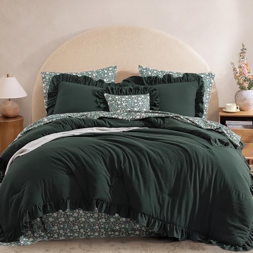 BLOOMHAVEN King Comforter Set - 7 Pieces Ruffle Forest Green Bedding Sets, Shabby Chic Farmhouse Bed in a Bag with Ruffle Comforter, Floral Sheets, Pillowcases & Shams - Image 1