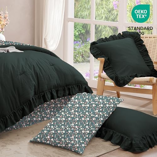 BLOOMHAVEN King Comforter Set - 7 Pieces Ruffle Forest Green Bedding Sets, Shabby Chic Farmhouse Bed in a Bag with Ruffle Comforter, Floral Sheets, Pillowcases & Shams - Image 5