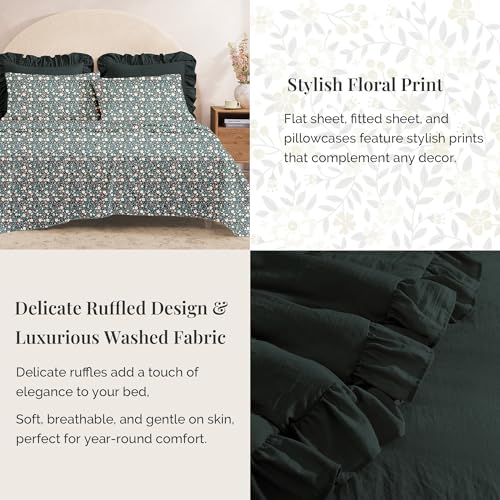 BLOOMHAVEN King Comforter Set - 7 Pieces Ruffle Forest Green Bedding Sets, Shabby Chic Farmhouse Bed in a Bag with Ruffle Comforter, Floral Sheets, Pillowcases & Shams - Image 4