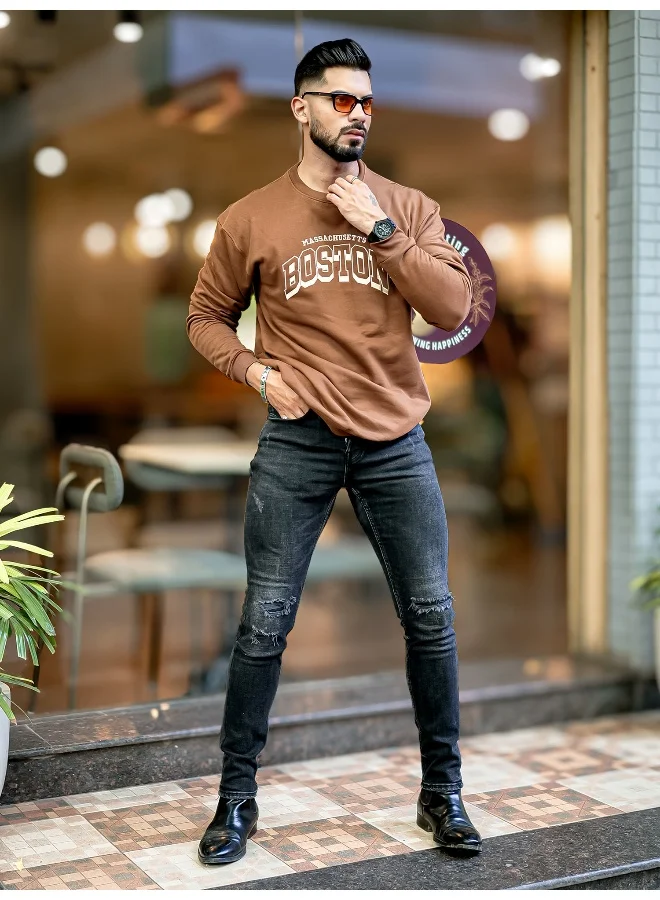 Maniac Mens Printed Round Neck Full Sleeve Brown and Beige FleeceFleece Oversized Sweatshirt