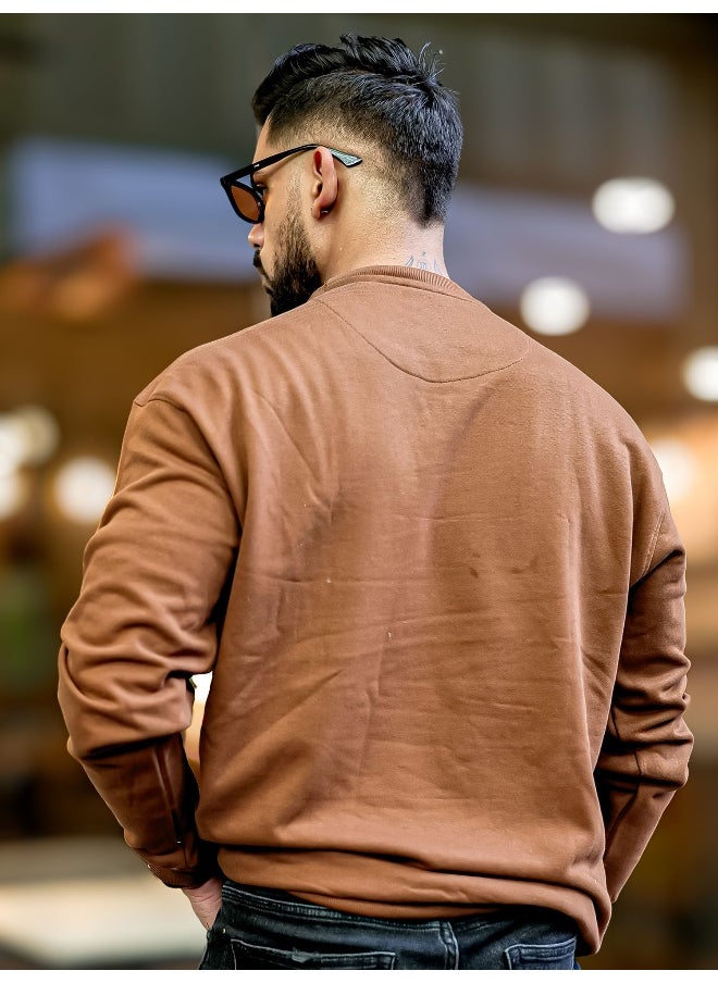 Maniac Mens Printed Round Neck Full Sleeve Brown and Beige FleeceFleece Oversized Sweatshirt  - Image 3
