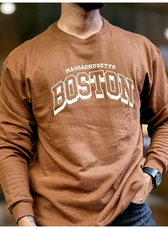 Maniac Mens Printed Round Neck Full Sleeve Brown and Beige FleeceFleece Oversized Sweatshirt