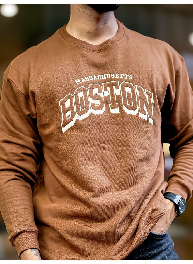 Maniac Mens Printed Round Neck Full Sleeve Brown and Beige FleeceFleece Oversized Sweatshirt  - Image 4