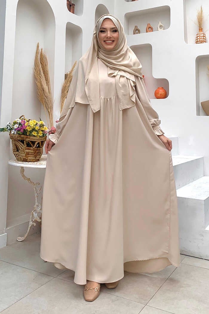 Bym Fashion Sleeve Cuffs Gathered Dress 6004 Stone  - Image 1
