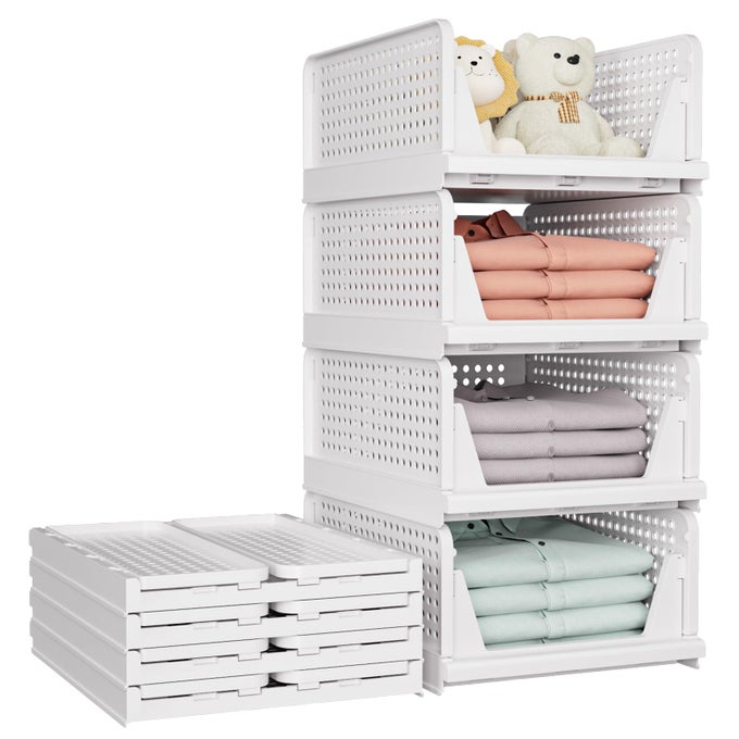 5 PACK STACKABLE CLOSET STORAGE BASKET MULTIFUNCTIONAL FOLDABLE CLOSET ORGANIZER FOR BATHROOM KITCHEN LAUNDRY ROOM WARDROBE STORAGE SPACESAVING CLOTHES STORAGE DRAWER ORGANIZER WHITE