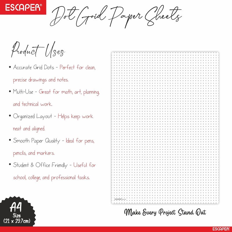 ESCAPER ورقة شبكية نقطية، حجم A4، جودة ورق 90 جرام، طباعة على الجانبين، أوراق غير مثقوبة للاستخدام في التدوين، الرسم، التصميم، الرسوم البيانية، الرسم الفني والاستخدام المكتبي - Image 3
