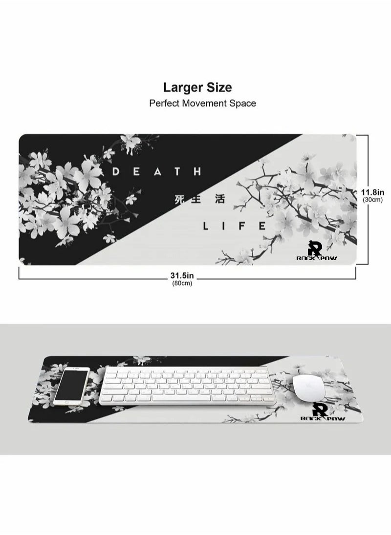 Rock Pow - Gaming Mouse Pad Black and White Cherry Blossom Extended Large Mat Desk Pad Stitched Edges Mousepad Long Non-Slip Rubber Base Mice Pad(800 * 300 * 3mm) - Image 1