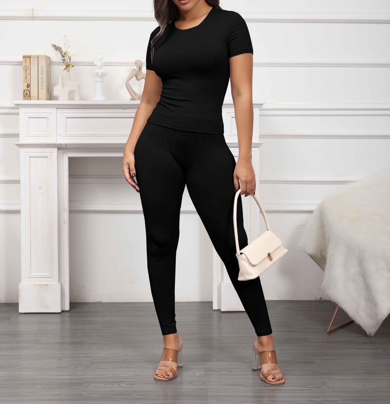 PINSV 2 Piece Sets for Women Summer Casual Jogger Workout Outfits Fitted Crew Neck T-shirt High Waist Legging Sets Black L - Image 5