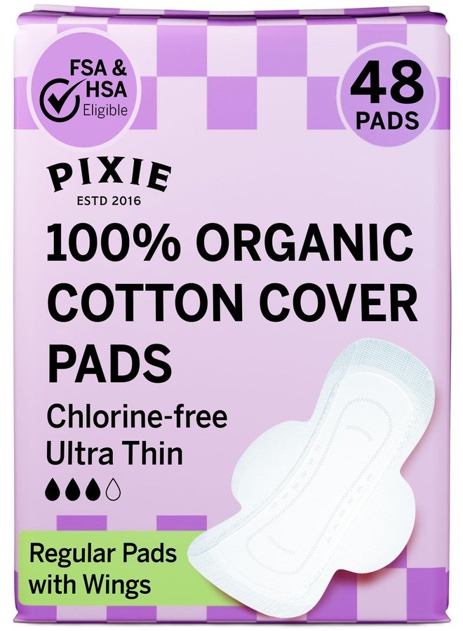 كأس بيكسي فوط بيكسي الصحية - فوط صحية للاستخدام مرة واحدة - غطاء من القطن العضوي - فوط صحية غير معطرة للنساء - قابلة للتحلل الحيوي - فوطة صحية عادية بأجنحة - 48 فوطة - Image 1