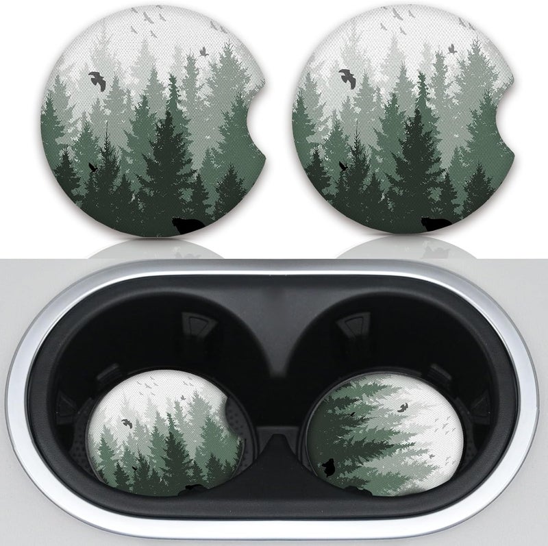 Adastrah Car Coasters for Cup Holders,Cute Car Interior Accessories for Women Men,2.75" 2pcs Cup Holder Coasters for Car,Anti Slip Rubber Car Cup Mat with A Finger Notch(Forest) - Image 1