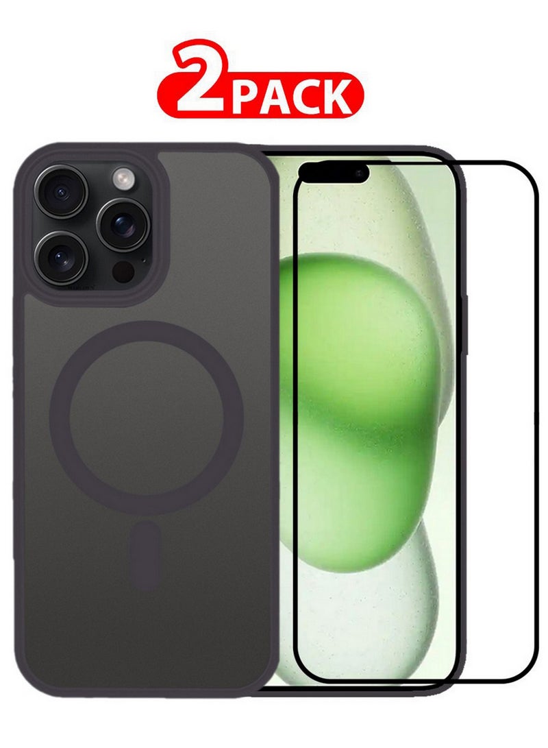 CATANES 2 Pieces Magnetic Slim Protective Case for iPhone 15 Pro - with Wireless Charging Support with 3D Screen Protector - Grey - Image 1