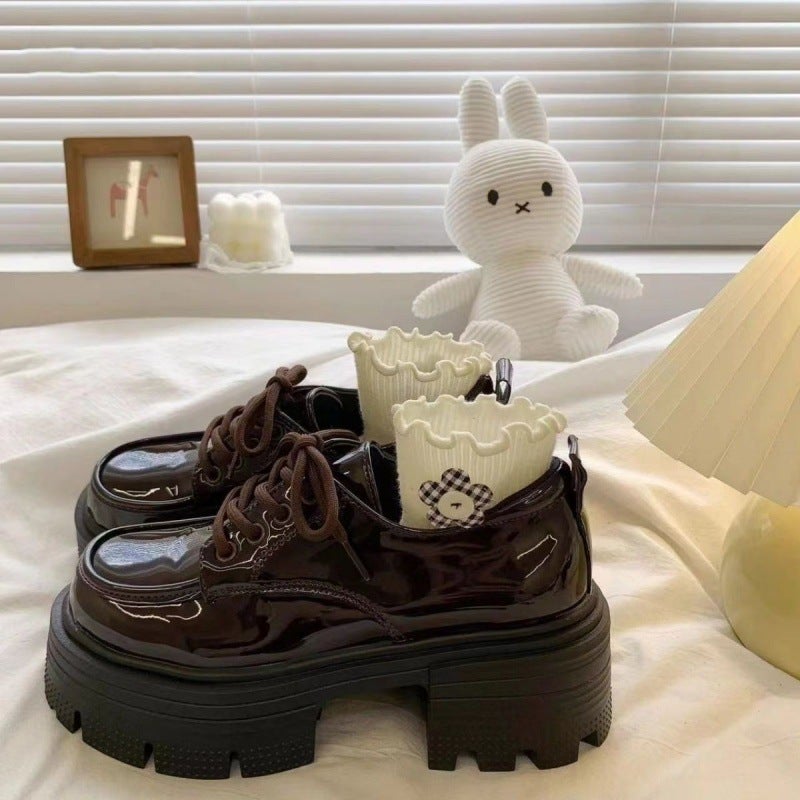 Black Brown Platform Loafers Women Lace-up Retro British Round Toe Shoes Brown