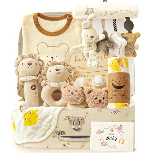 Golray 9pcs Newborn Baby Gift Baskets for Boys Girls Baby Shower 2 RattleSeat Hang ToyBlanketBodysuitBib 3D SocksWood MilestoneCarry Box Neutral New Born Essential Stuff Unisex Baby Gifts Boy - Image 1