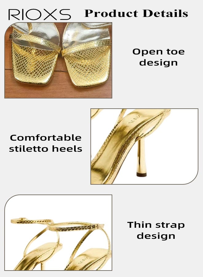 RIOXS Women's Kitten Heels Sandals, Women's Kitten Heels Sandals Shoes, Stiletto High Heel for Women, Square Open Toe Shoes, Fashion Dress Shoes for Wedding, Ladies Ankle Strap Dressy Sandals, Comfort Heeled Sandals, Gold Summer Party Shoes - Image 5