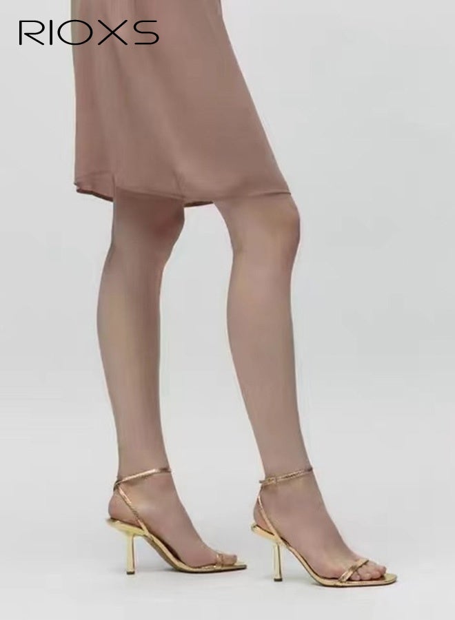ريوكس صنادل نسائية بكعب عال، أحذية صنادل نسائية بكعب عال، صنادل نسائية بكعب عالٍ بكعب عالٍ للنساء، أحذية مربعة مفتوحة من الأمام مفتوحة، أحذية فساتين نسائية للأعراس، صنادل نسائية بحزام كاحل أنيق، صنادل مريحة بكعب عال، أحذية حفلات صيفية ذهبية - Image 3
