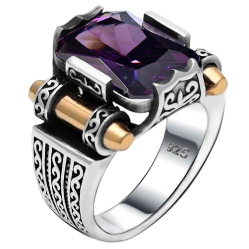Babylon Silver Genuine Solid 925 Sterling Silver Ring for Men, Accented with Bronze, Faceted Simulated Purple Amethyst Stone, Vintage Turkish Ottoman Style (Simulated Amethyst, 13) - Image 1
