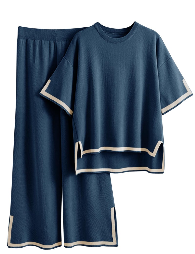 Tanming Sweater Sets Women 2 Piece Lounge Sets Short Sleeve Knit Pullover Tops Wide Leg Pants (Navy-S) - Image 1