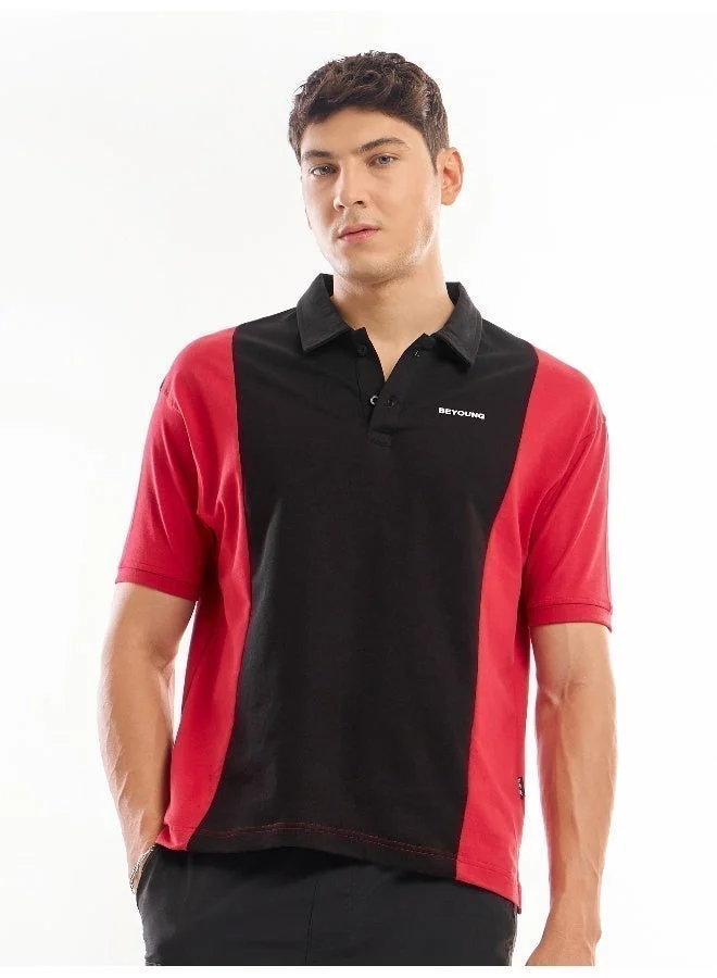 Beyoung Red Cut And Sew Polo T-shirt For Men