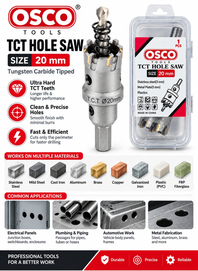 OSCO-TOOLS TCT Hole Saw 20mm, Tungsten Carbide Tipped Hole Cutter with Pilot Drill & Allen Key, Heavy Duty Hole Saw for Stainless Steel, Mild Steel, Cast Iron, Aluminum, Brass, Copper, PVC & FRP - Image 1