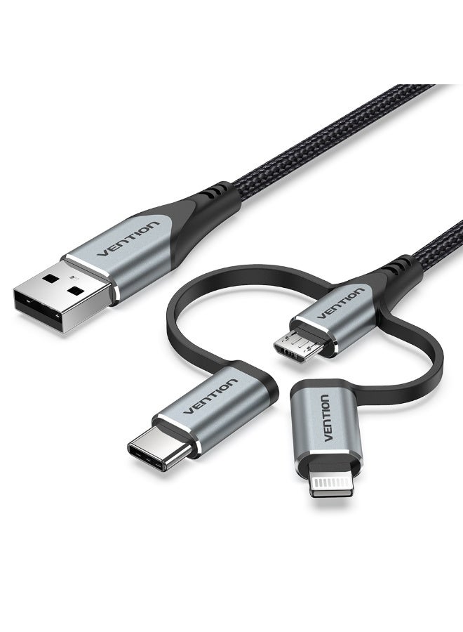VENTION USB 2.0 A Male to 3-in-1 Micro-B&USB-C&Lightning Male Cable 0.5M Gray Aluminum Alloy Type Model # CQJHD - Image 1