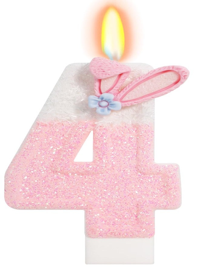 ElekFX Cute Bunny Number 4 Candle, Glitter Pink White Rabbit Cake Topper for Kids, Bunny Birthday Decorations for 4th Birthday Zoo Animal Party Supplies - Image 1