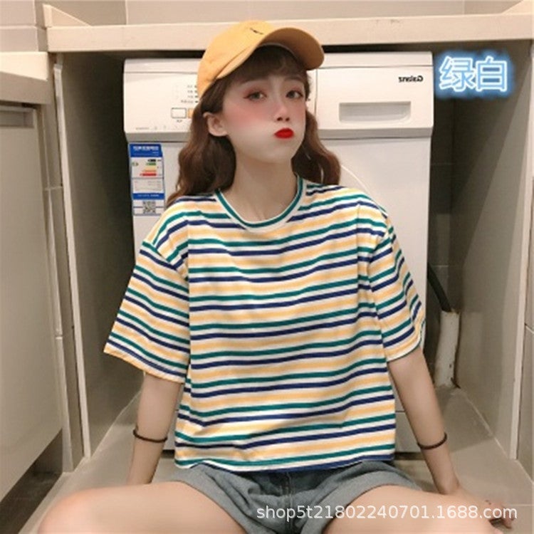 Rainbow Striped Short-sleeved T-shirt Womens 2020 Spring and Summer New Korean-style Loose Short Western-style All-match Internet Celebrity Top 331 green and white stripes