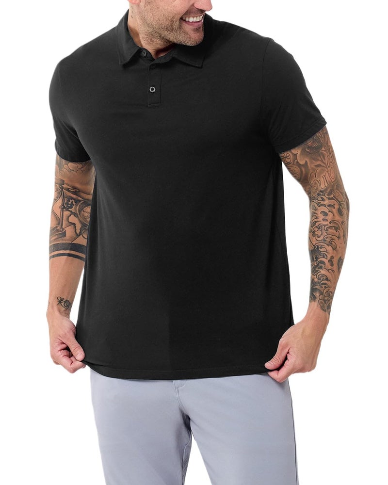 INTO THE AM Essential Polo Shirts for Men - Modern Fit Collared Shirt Men Fitted Short Sleeve Classic Golf Collar Shirts (Black, Large) - Image 1
