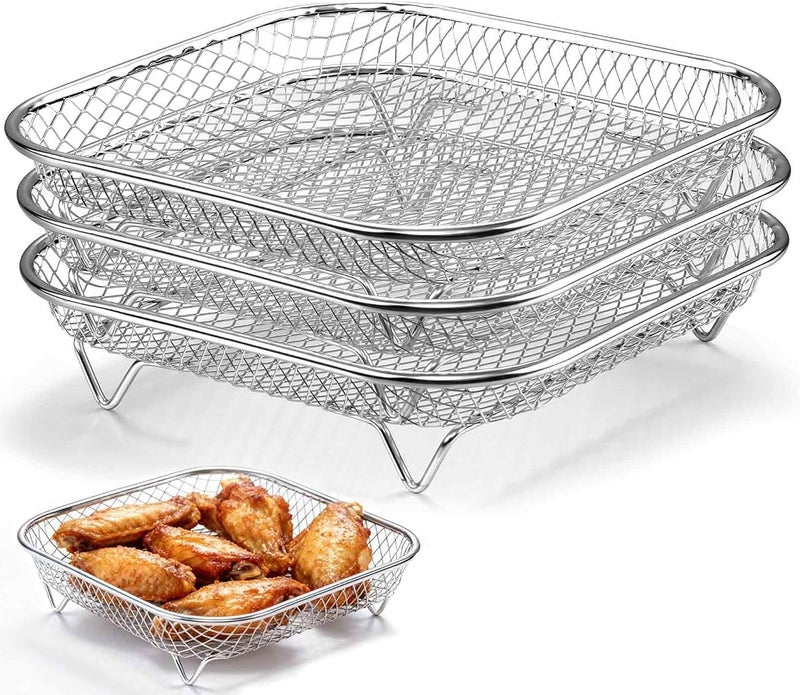 BIGTHREE 3-Pack Stainless Steel Air Fryer Basket, Stackable Dehydration Rack, Square Air Fryer Racks, Stackable Multi-functional Filter Rack, for Baking, Roasting, Oven & Dishwasher Safe, 8.22 Inch - Image 1