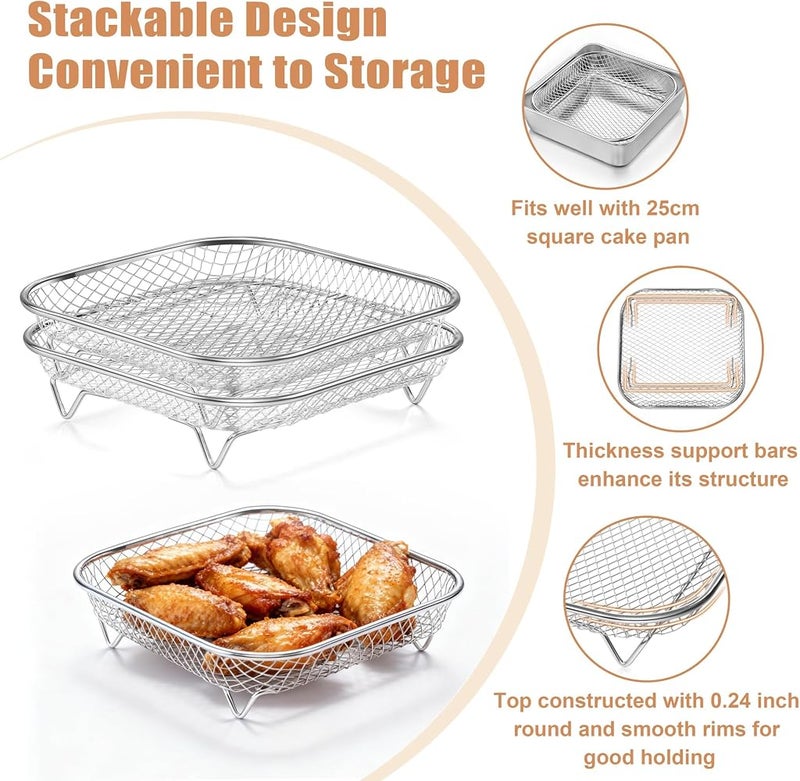 BIGTHREE 3-Pack Stainless Steel Air Fryer Basket, Stackable Dehydration Rack, Square Air Fryer Racks, Stackable Multi-functional Filter Rack, for Baking, Roasting, Oven & Dishwasher Safe, 8.22 Inch - Image 3
