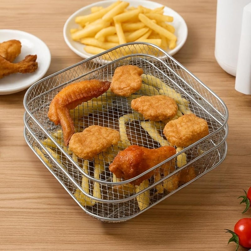 BIGTHREE 3-Pack Stainless Steel Air Fryer Basket, Stackable Dehydration Rack, Square Air Fryer Racks, Stackable Multi-functional Filter Rack, for Baking, Roasting, Oven & Dishwasher Safe, 8.22 Inch - Image 2