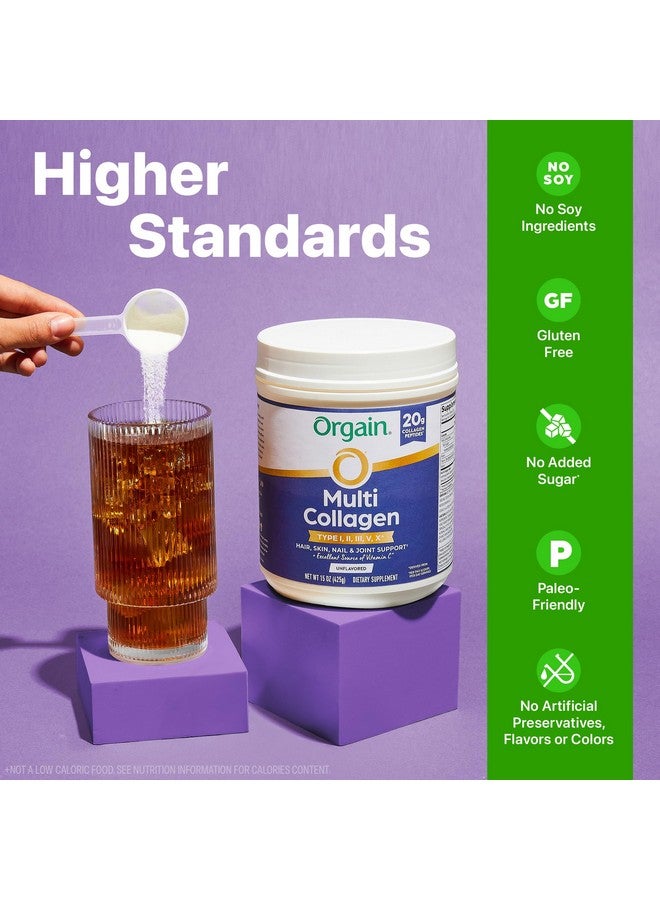 Orgain Hydrolyzed Multi Collagen Powder for Women & Men, 20g Collagen, Supports Hair, Skin, Nail & Joint Health, Type I, II, III, V, X, Vitamin C & Amino Acids, Non-GMO, Unflavored (21 Servings) 15oz - Image 5