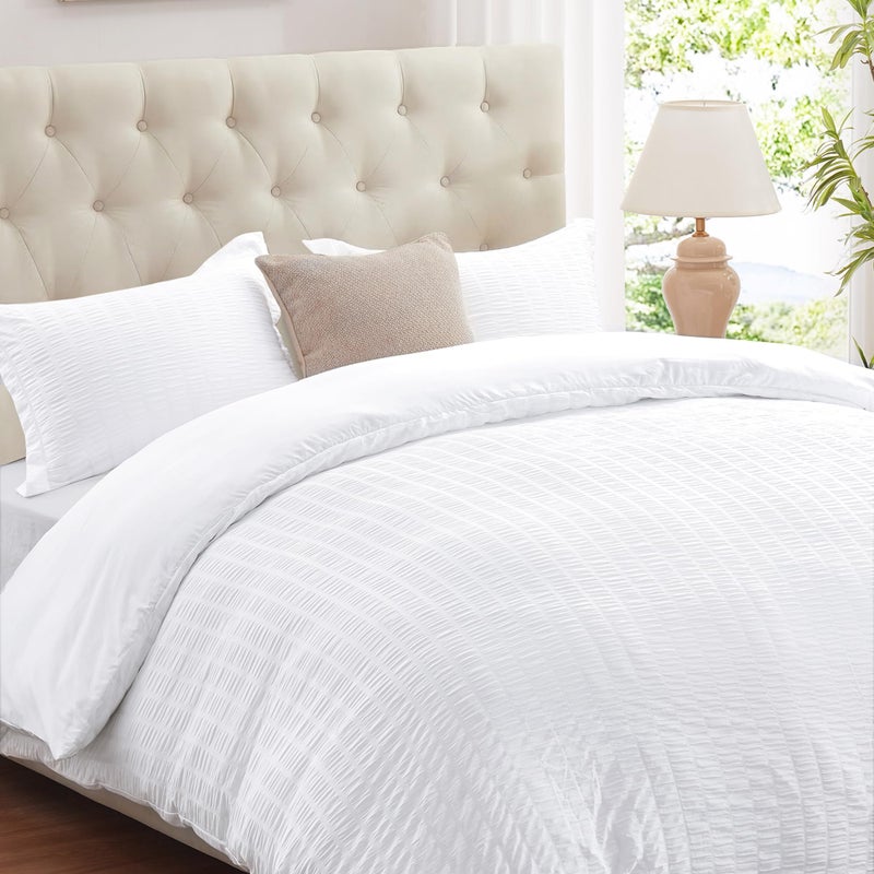 Cozyide White Duvet Cover Queen Size, Soft 3-Piece Seersucker Queen Duvet Cover Set, All Seasons Bedding Set with Zipper Closure and Corner Ties(90"x90", 2 Pillow Cases 20"x26") - Image 1