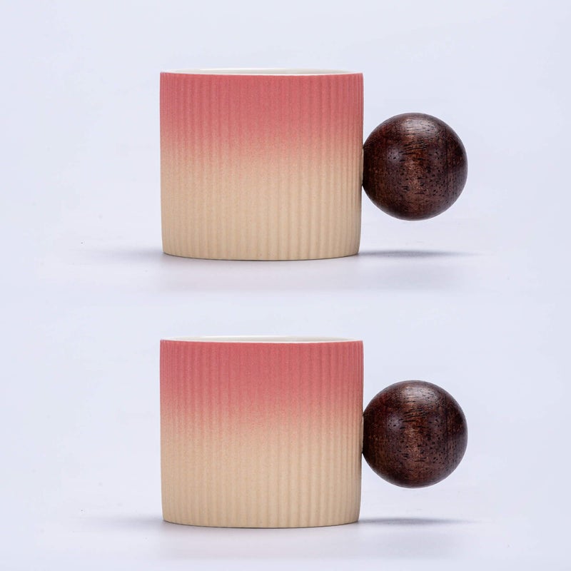CLASGLAZ Ceramic Mini Espresso Cups Demitasse Cups with Round Wooden Handle Vertical Stripes Tea Cups (Beige&Pink, 2pcs) - Image 1